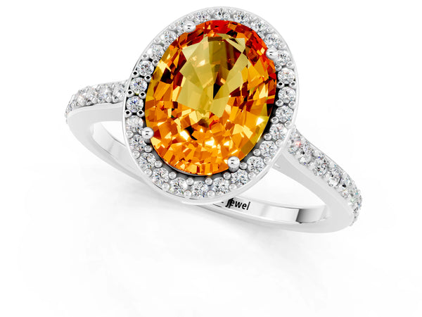 Silver Oval Cut Citrine Halo Engagement Ring with Round Pavé Shoulders and Prong Setting