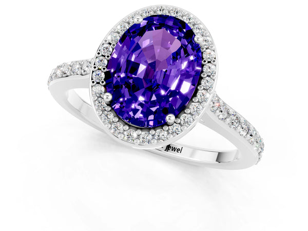 Silver Oval Cut Tanzanite Halo Engagement Ring with Round Pavé Shoulders and Prong Setting