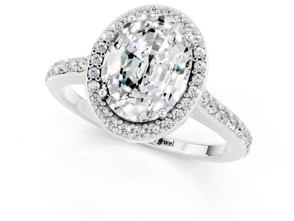 Platinum Oval Cut Moissanite Halo Engagement Ring with Round Pavé Shoulders and Prong Setting