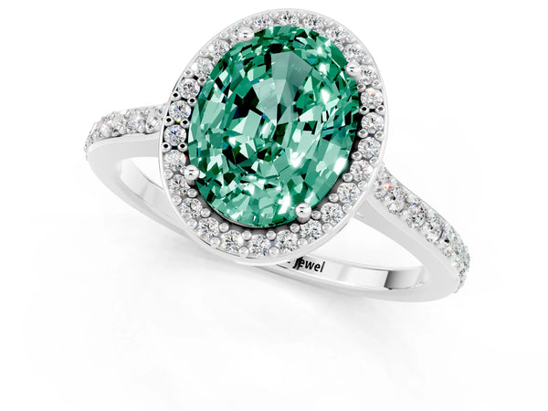 Platinum Oval Cut Green Sapphire Halo Engagement Ring with Round Pavé Shoulders and Prong Setting