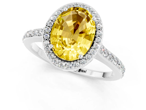 Silver Oval Cut Yellow Sapphire Halo Engagement Ring with Round Pavé Shoulders and Prong Setting