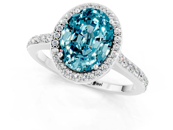 Silver Oval Cut Halo Round Diamond Pavé Band with Four-Prong Setting