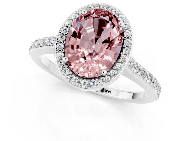 White gold Oval Cut Halo Round Diamond Pavé Band with Four-Prong Setting
