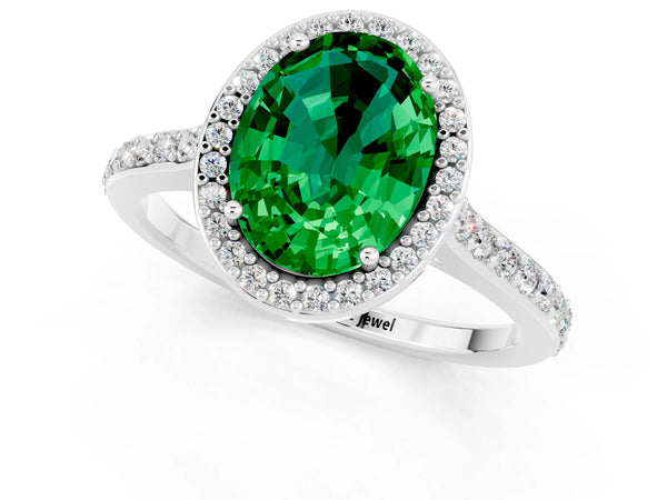 Silver Oval Cut Emerald Halo Engagement Ring with Round Pavé Shoulders and Prong Setting