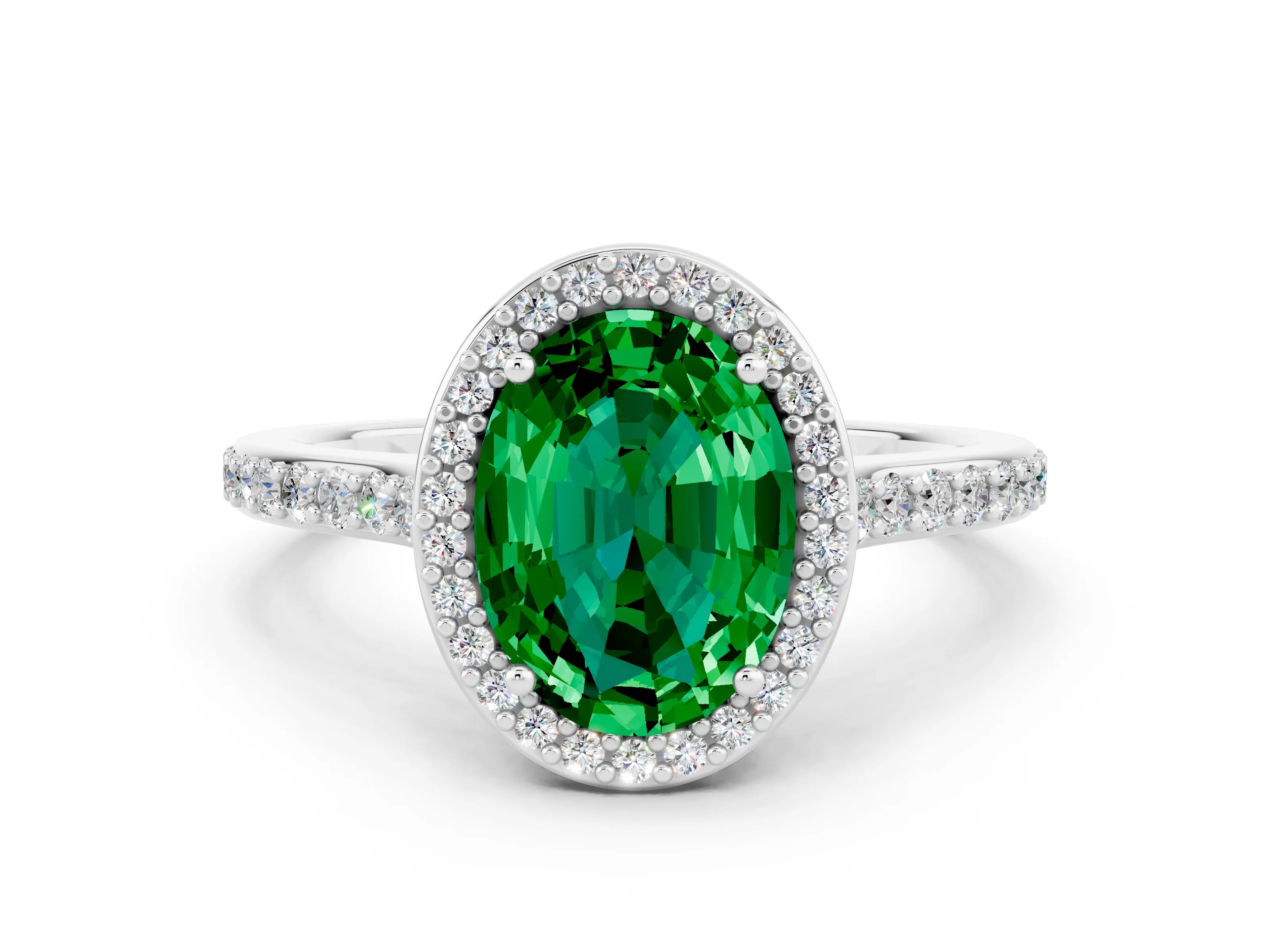 White gold Oval Cut Halo Round Diamond Pavé Band with Four-Prong Setting