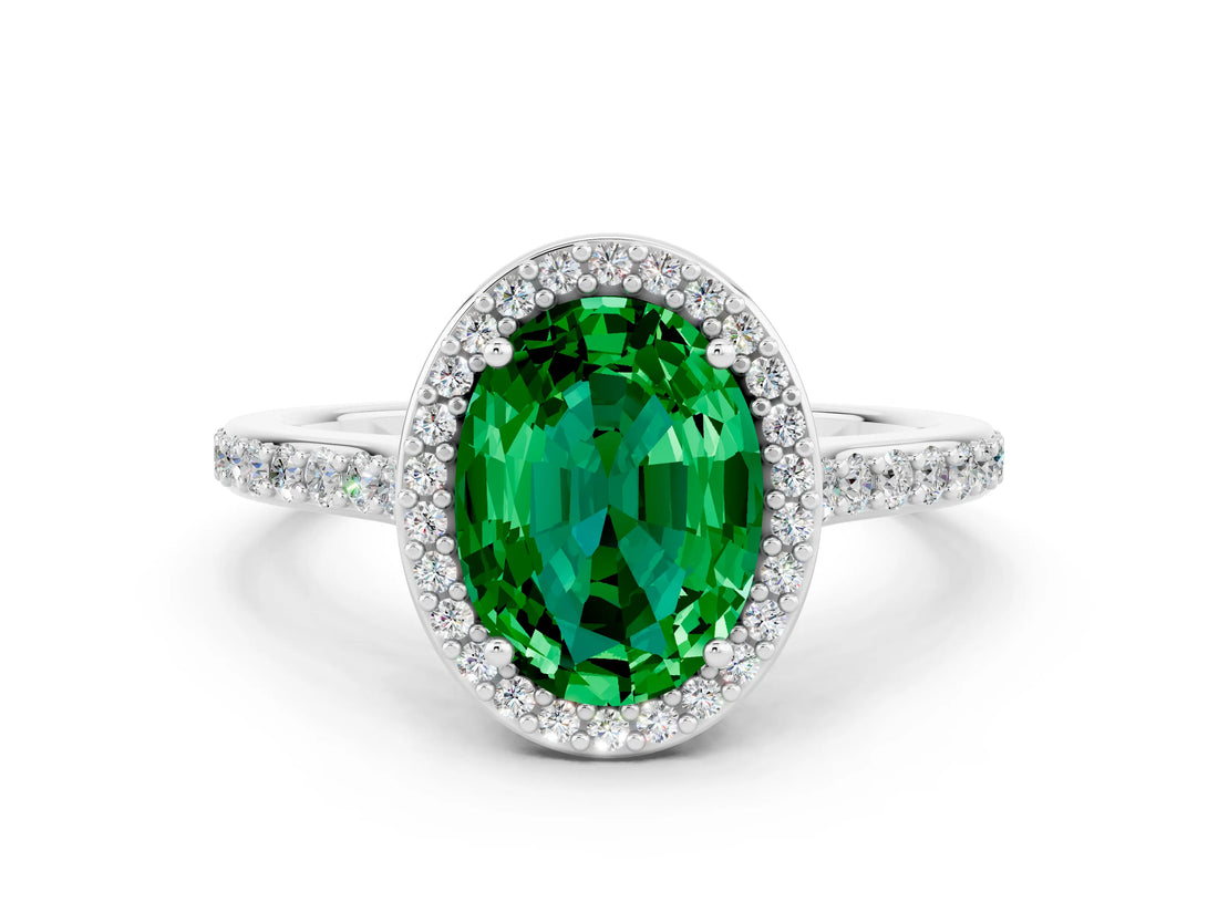 White gold Oval Cut Halo Round Diamond Pavé Band with Four-Prong Setting