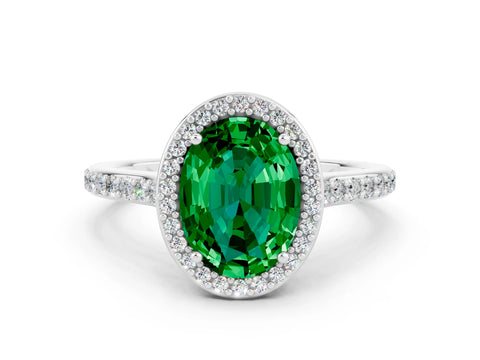 White gold Oval Cut Halo Round Diamond Pavé Band with Four-Prong Setting