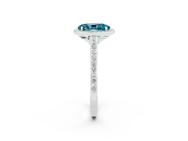Platinum Oval Cut Halo Round Diamond Pavé Band with Four-Prong Setting