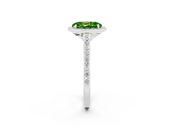 Platinum Oval Cut Halo Round Diamond Pavé Band with Four-Prong Setting
