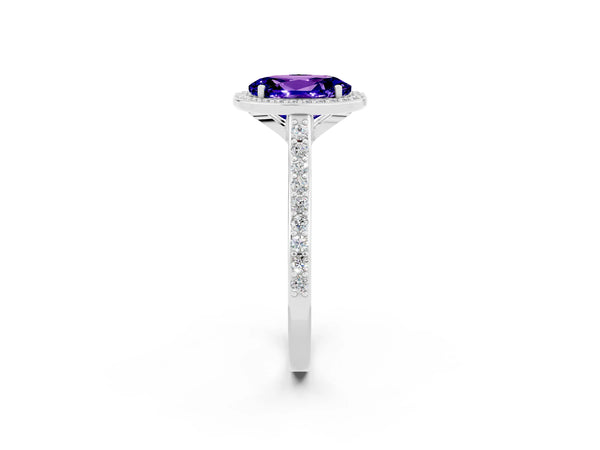 Silver Oval Cut Tanzanite Halo Engagement Ring with Round Pavé Shoulders and Prong Setting