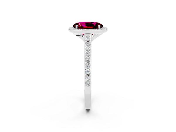 White gold Oval Cut Garnet Halo Engagement Ring with Round Pavé Shoulders and Prong Setting