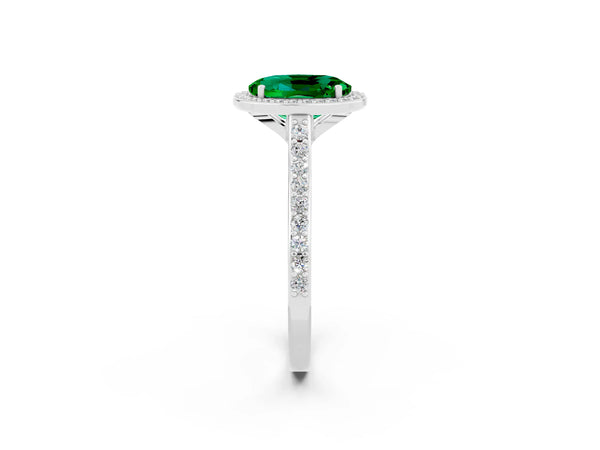 Silver Oval Cut Emerald Halo Engagement Ring with Round Pavé Shoulders and Prong Setting