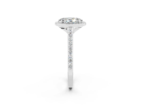 Platinum Oval Cut Moissanite Halo Engagement Ring with Round Pavé Shoulders and Prong Setting
