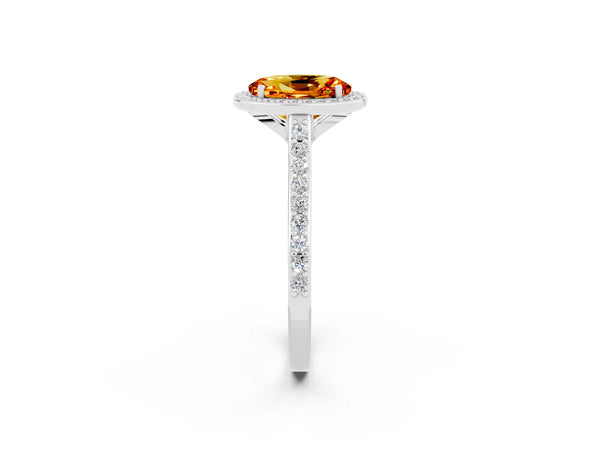 Silver Oval Cut Citrine Halo Engagement Ring with Round Pavé Shoulders and Prong Setting