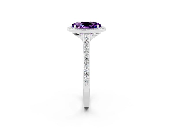 Platinum Oval Cut Halo Round Diamond Pavé Band with Four-Prong Setting