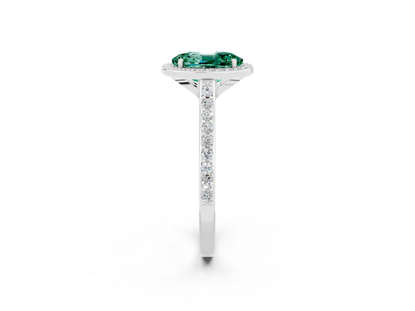 Silver Oval Cut Green Sapphire Halo Engagement Ring with Round Pavé Shoulders and Prong Setting