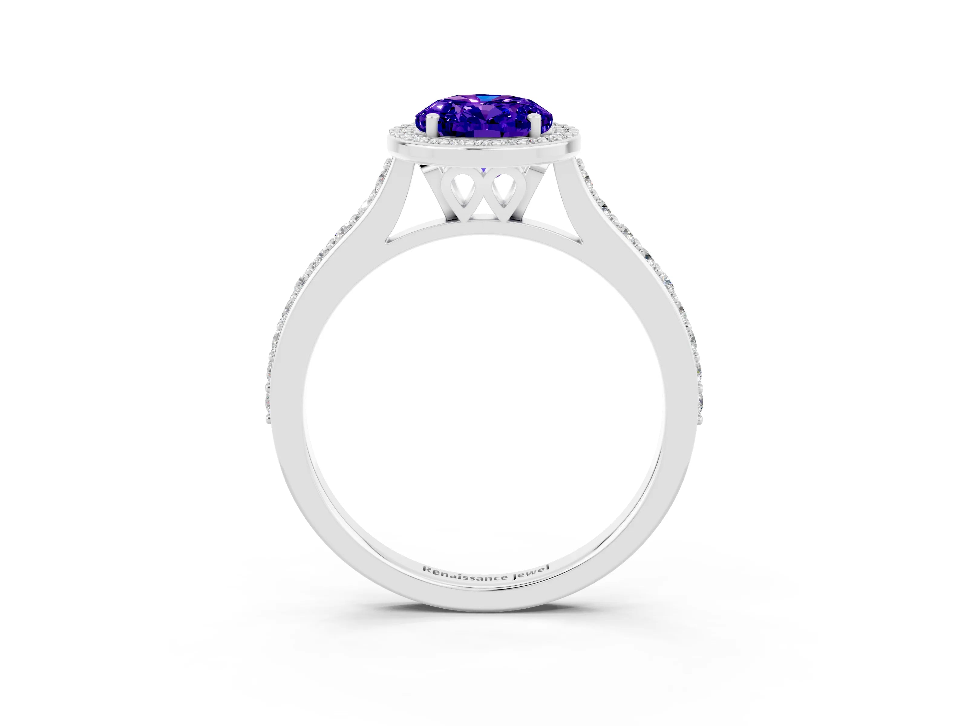White gold Oval Cut Halo Round Diamond Pavé Band with Four-Prong Setting_3