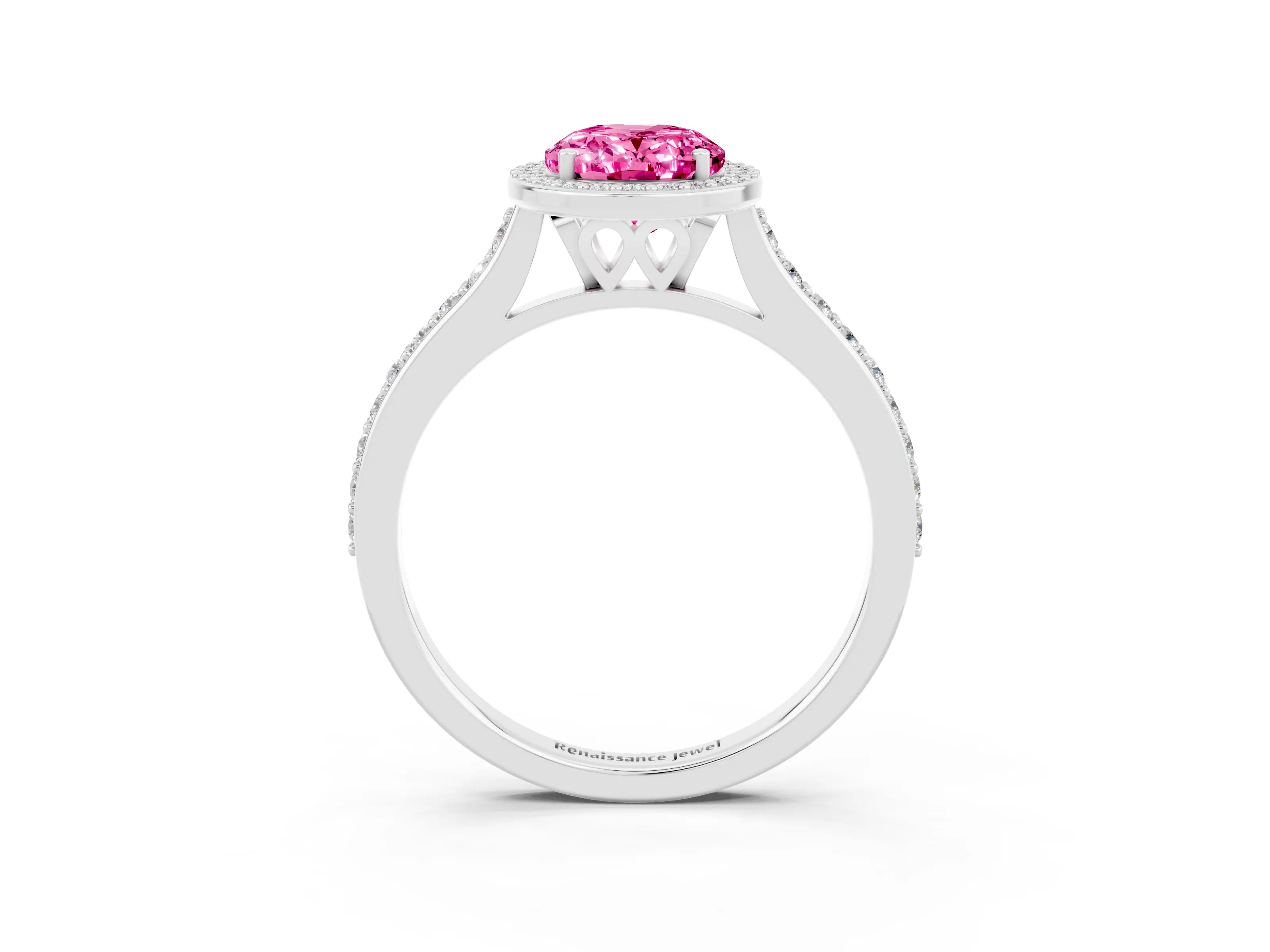 White gold Oval Cut Halo Round Diamond Pavé Band with Four-Prong Setting_3
