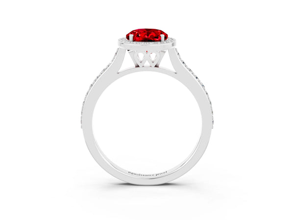 White gold Oval Cut Halo Round Diamond Pavé Band with Four-Prong Setting