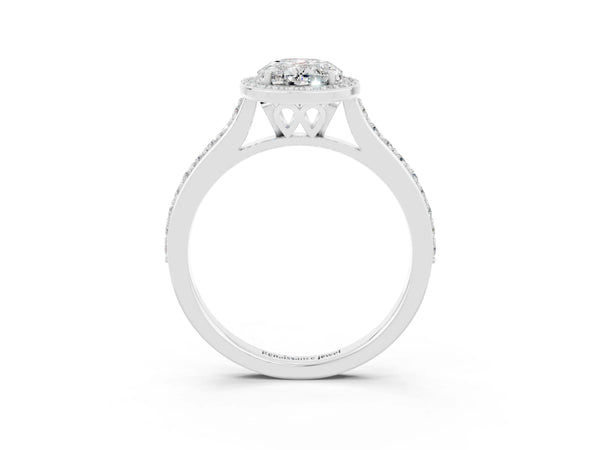 White gold Oval Cut Moissanite Halo Engagement Ring with Round Pavé Shoulders and Prong Setting