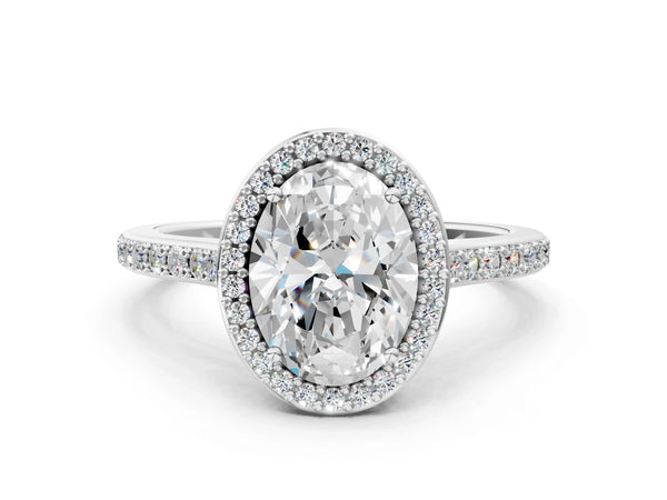 White gold Oval Cut Halo Round Diamond Pavé Band with Four-Prong Setting