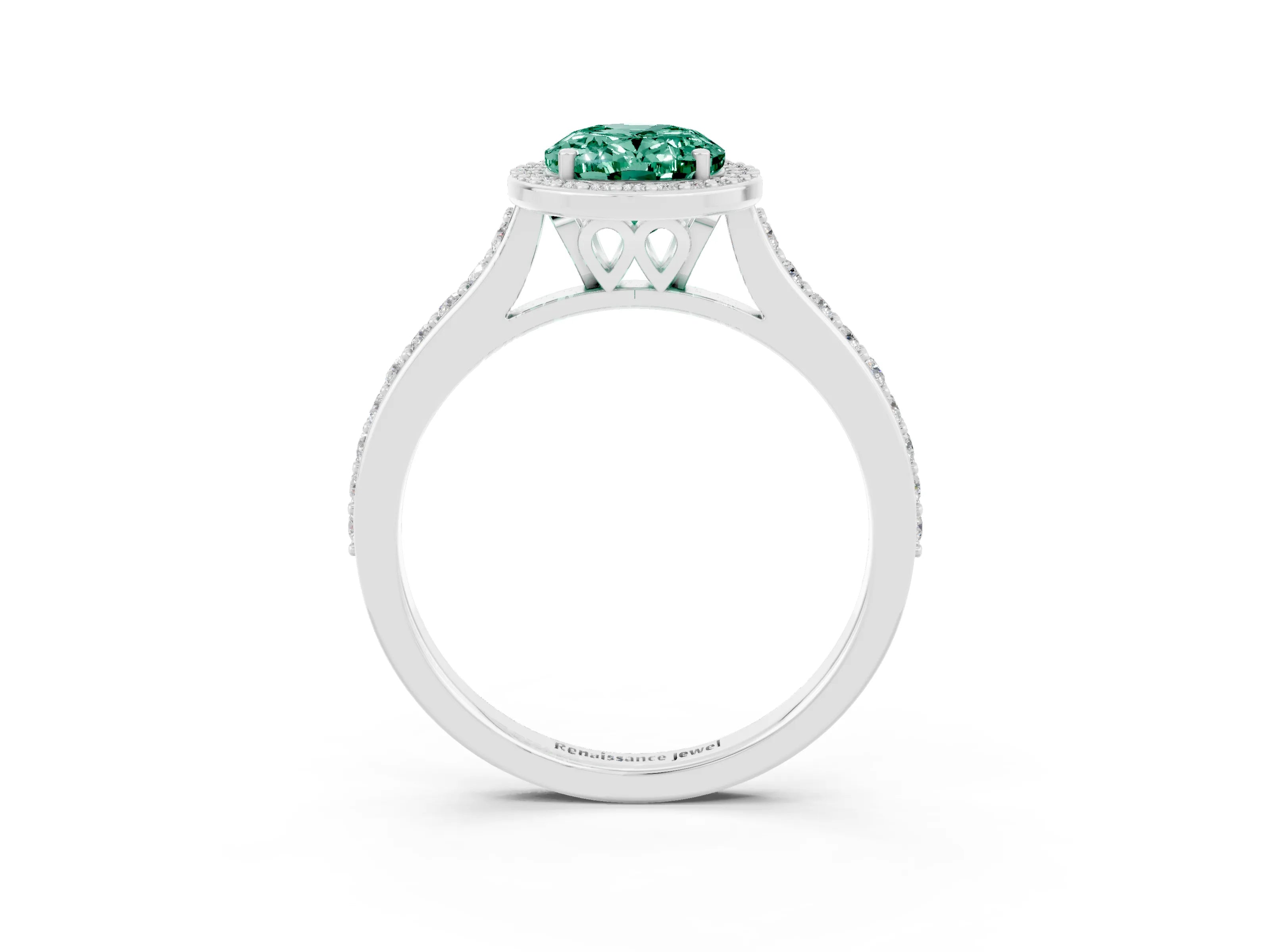White gold Oval Cut Halo Round Diamond Pavé Band with Four-Prong Setting_3