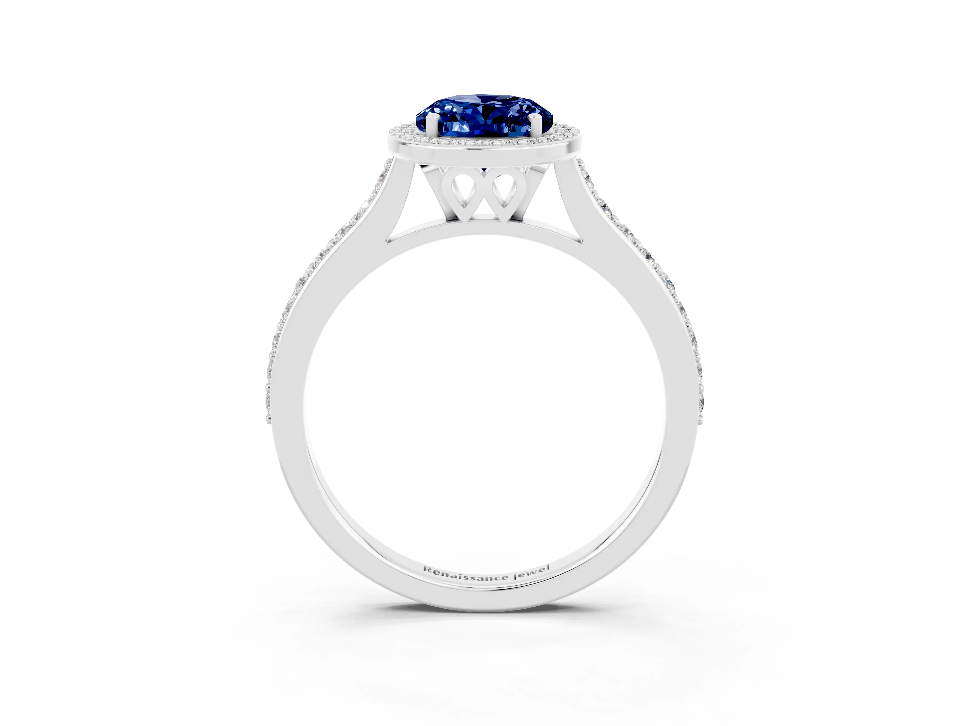 White gold Oval Cut Halo Round Diamond Pavé Band with Four-Prong Setting_3