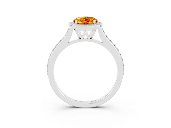 Silver Oval Cut Citrine Halo Engagement Ring with Round Pavé Shoulders and Prong Setting