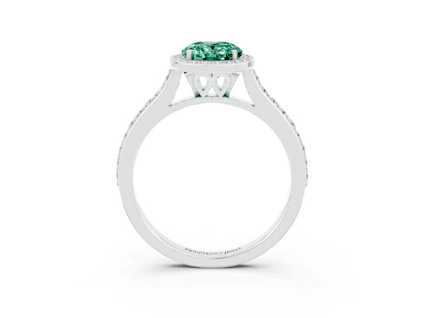 Platinum Oval Cut Green Sapphire Halo Engagement Ring with Round Pavé Shoulders and Prong Setting