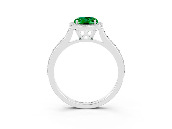 Silver Oval Cut Emerald Halo Engagement Ring with Round Pavé Shoulders and Prong Setting