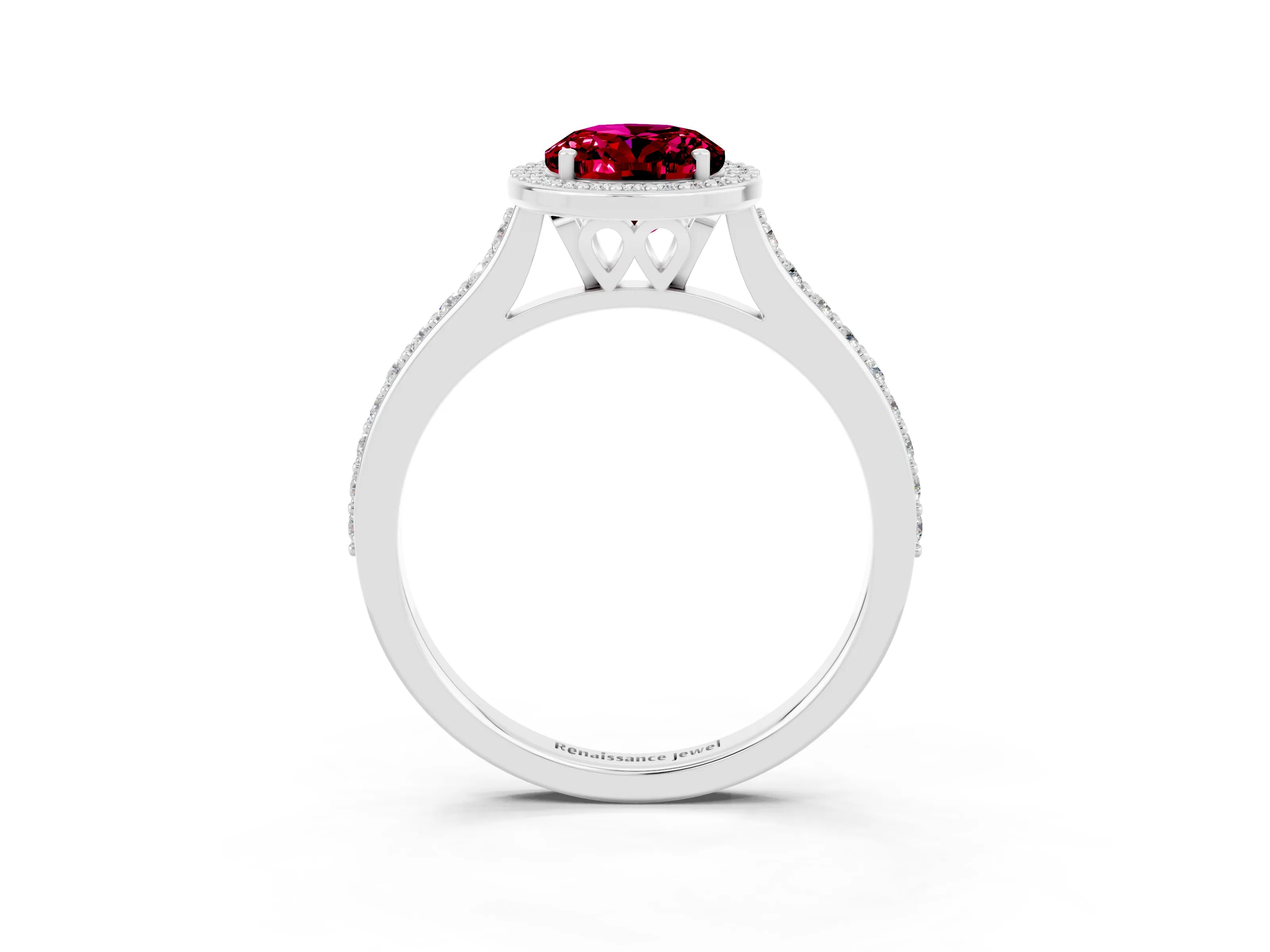 White gold Oval Cut Halo Round Diamond Pavé Band with Four-Prong Setting_3