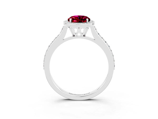 Silver Oval Cut Garnet Halo Engagement Ring with Round Pavé Shoulders and Prong Setting
