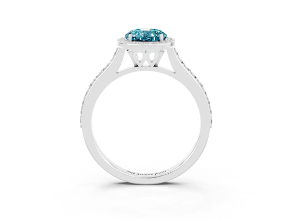 White gold Oval Cut Halo Round Diamond Pavé Band with Four-Prong Setting