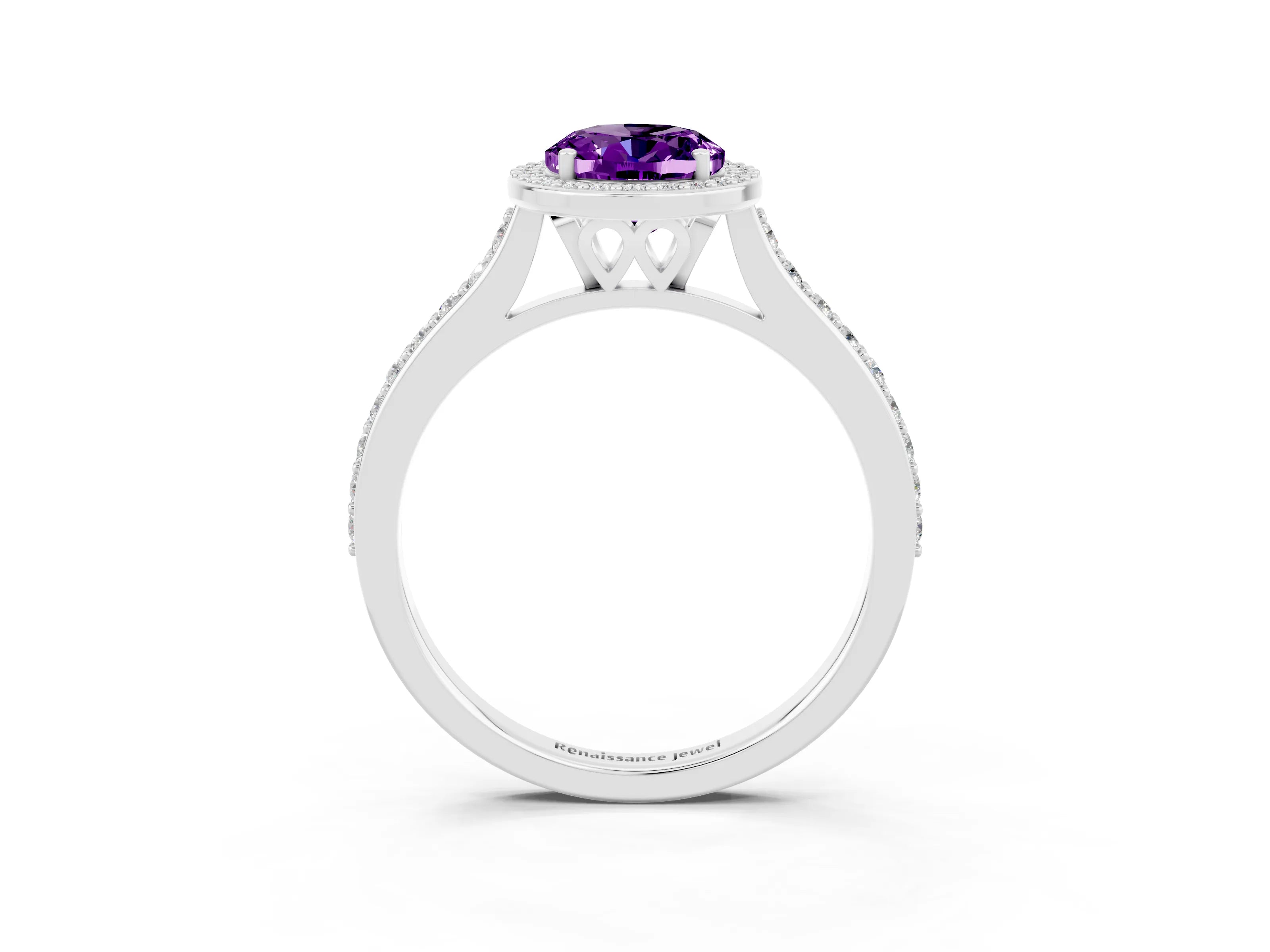White gold Oval Cut Halo Round Diamond Pavé Band with Four-Prong Setting_3
