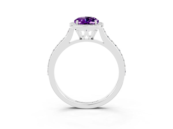 Platinum Oval Cut Halo Round Diamond Pavé Band with Four-Prong Setting