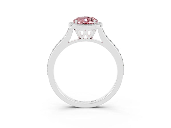 Platinum Oval Cut Halo Round Diamond Pavé Band with Four-Prong Setting