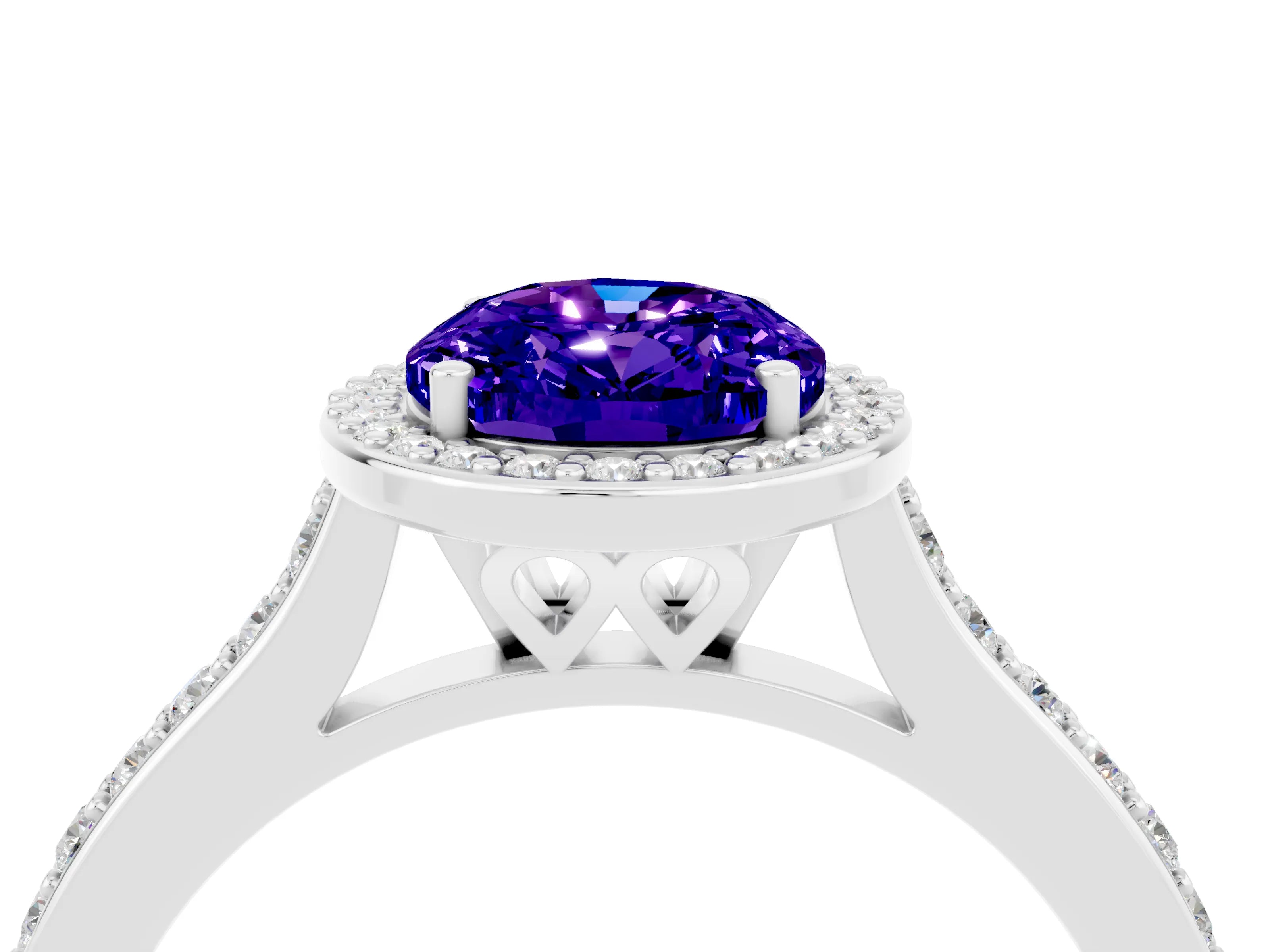 White gold Oval Cut Halo Round Diamond Pavé Band with Four-Prong Setting_4