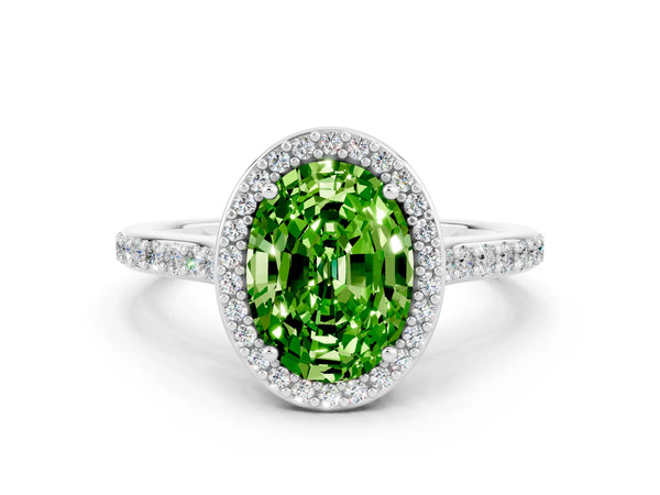 White gold Oval Cut Halo Round Diamond Pavé Band with Four-Prong Setting