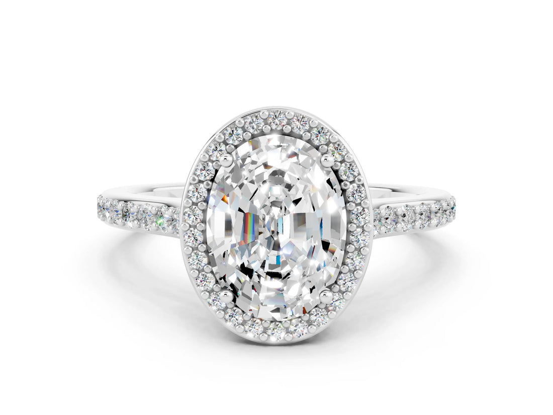 White gold Oval Cut Halo Round Diamond Pavé Band with Four-Prong Setting