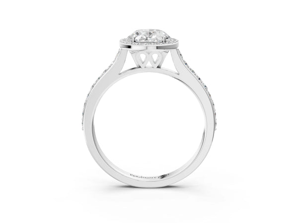 White gold Oval Cut Halo Round Diamond Pavé Band with Four-Prong Setting
