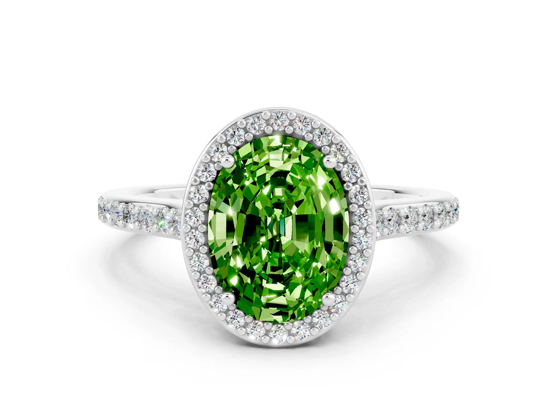 White gold Oval Cut Halo Round Diamond Pavé Band with Four-Prong Setting