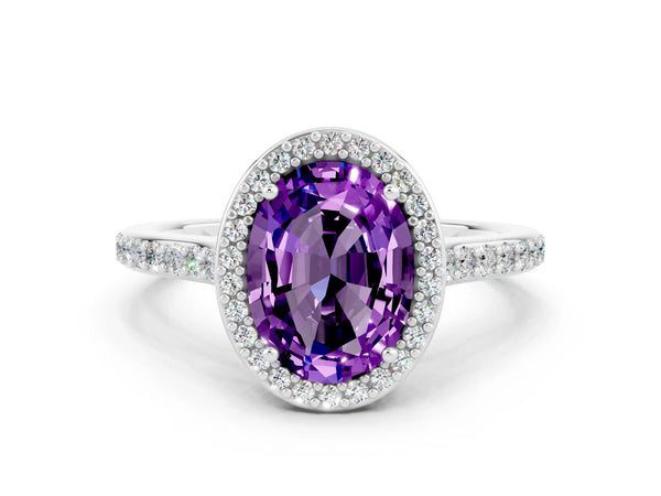 Platinum Oval Cut Halo Round Diamond Pavé Band with Four-Prong Setting