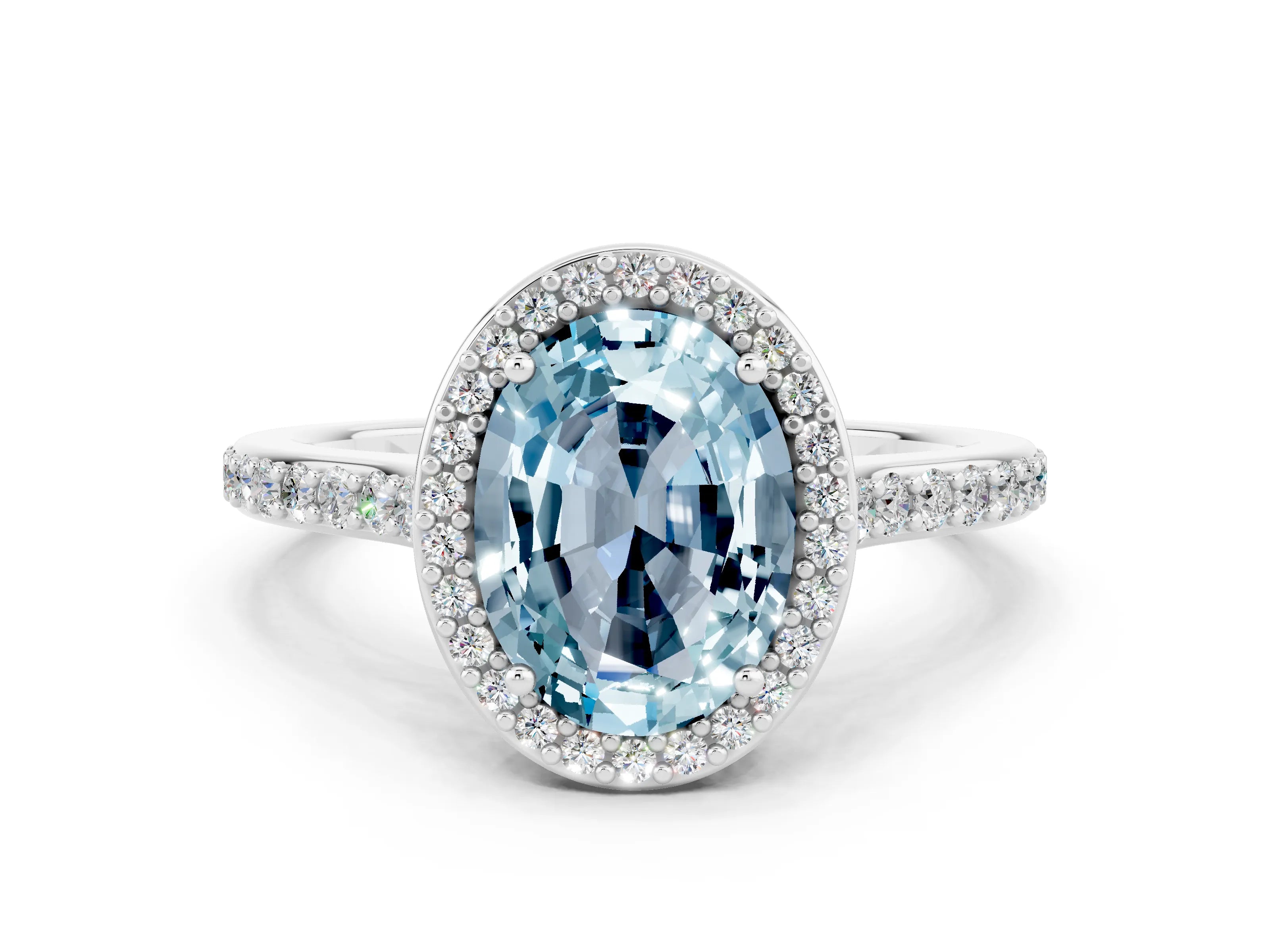 White gold Oval Cut Halo Round Diamond Pavé Band with Four-Prong Setting