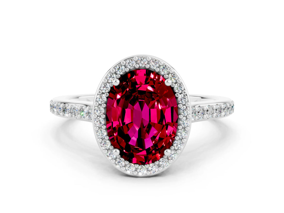 White gold Oval Cut Halo Round Diamond Pavé Band with Four-Prong Setting