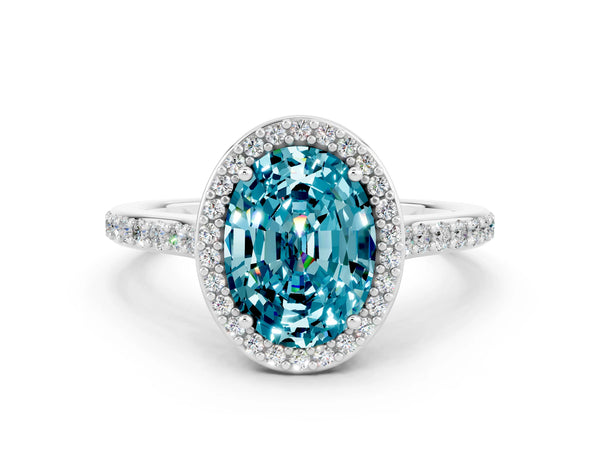 Silver Oval Cut Halo Round Diamond Pavé Band with Four-Prong Setting