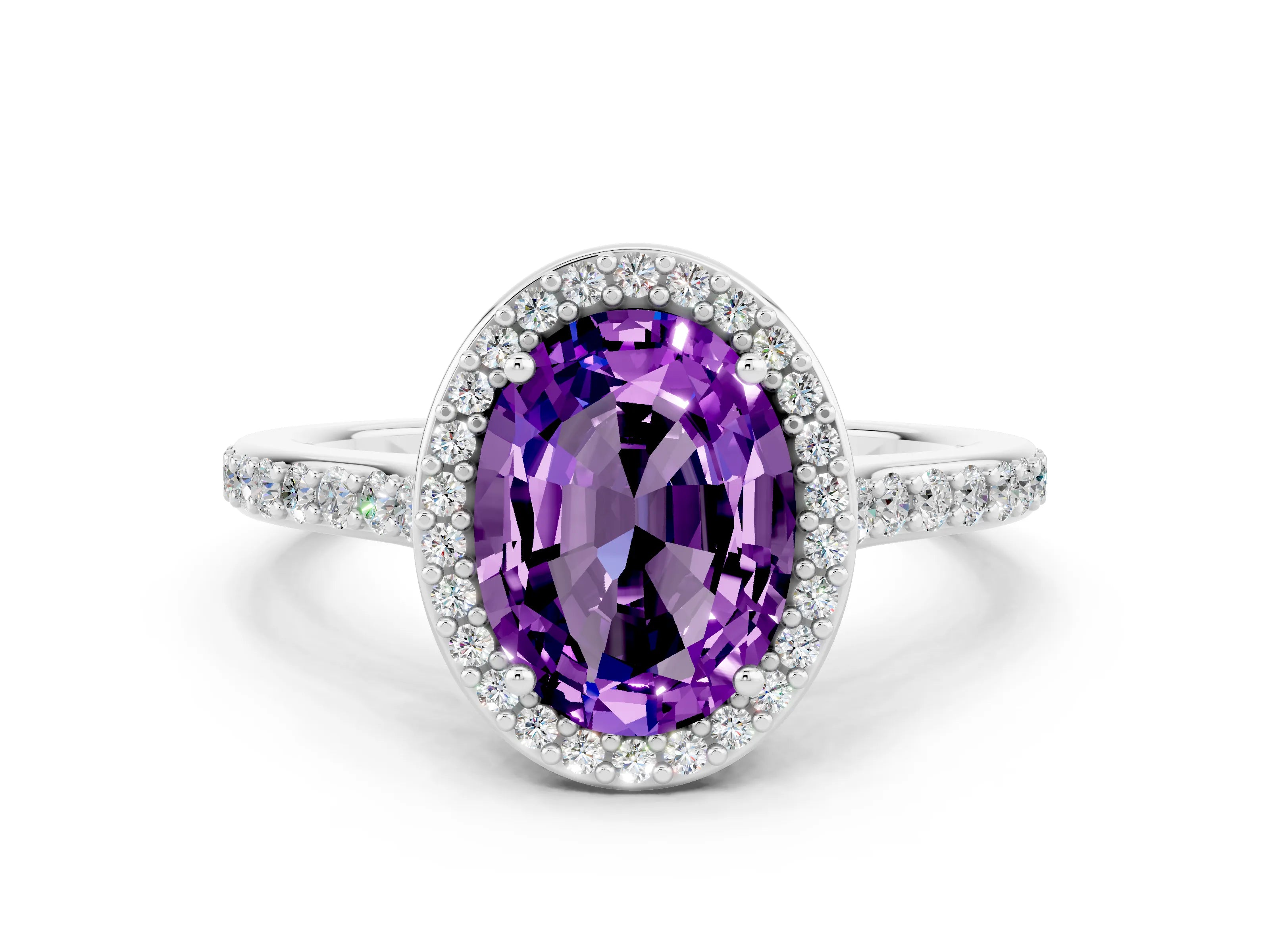 White gold Oval Cut Halo Round Diamond Pavé Band with Four-Prong Setting