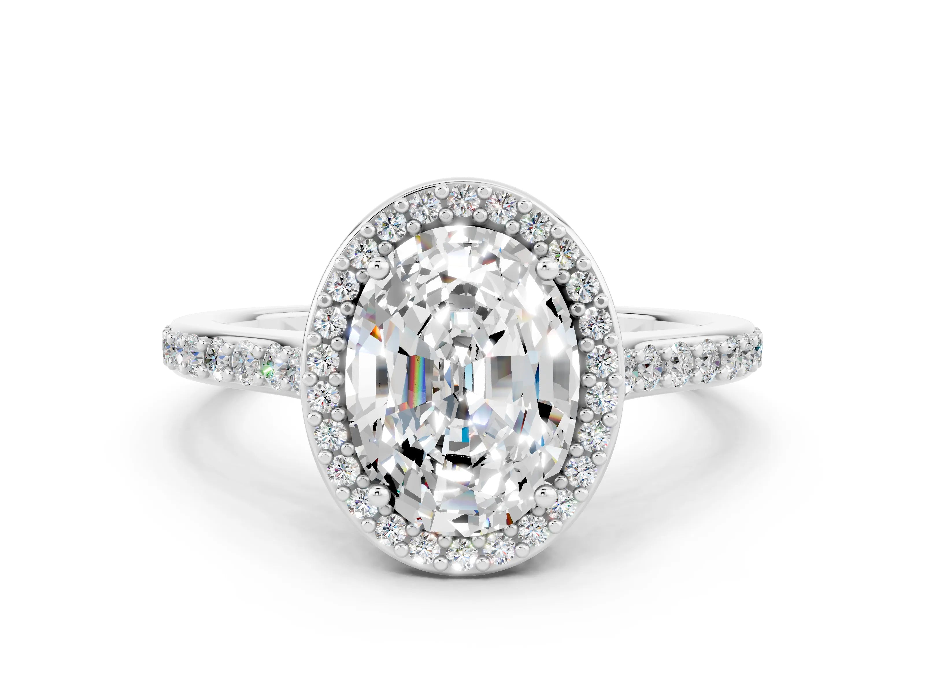 White gold Oval Cut Halo Round Diamond Pavé Band with Four-Prong Setting