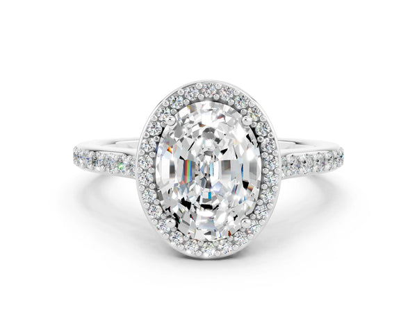Platinum Oval Cut Moissanite Halo Engagement Ring with Round Pavé Shoulders and Prong Setting