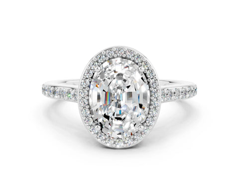 White gold Oval Cut Halo Round Diamond Pavé Band with Four-Prong Setting