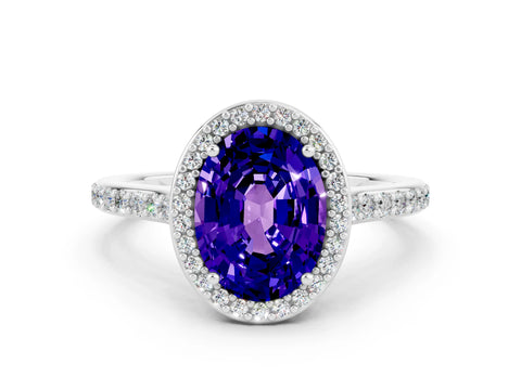 White gold Oval Cut Halo Round Diamond Pavé Band with Four-Prong Setting